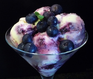 bowl of blueberry lemon basil ice cream
